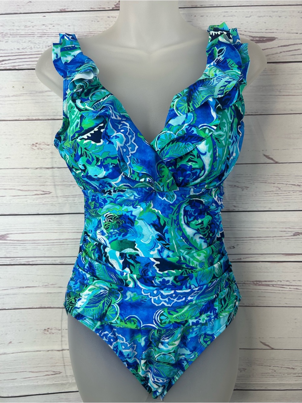 Lauren Ralph Lauren Sz 10 Blue Green Tropical 1 Piece Swimsuit Ruffles Ruched